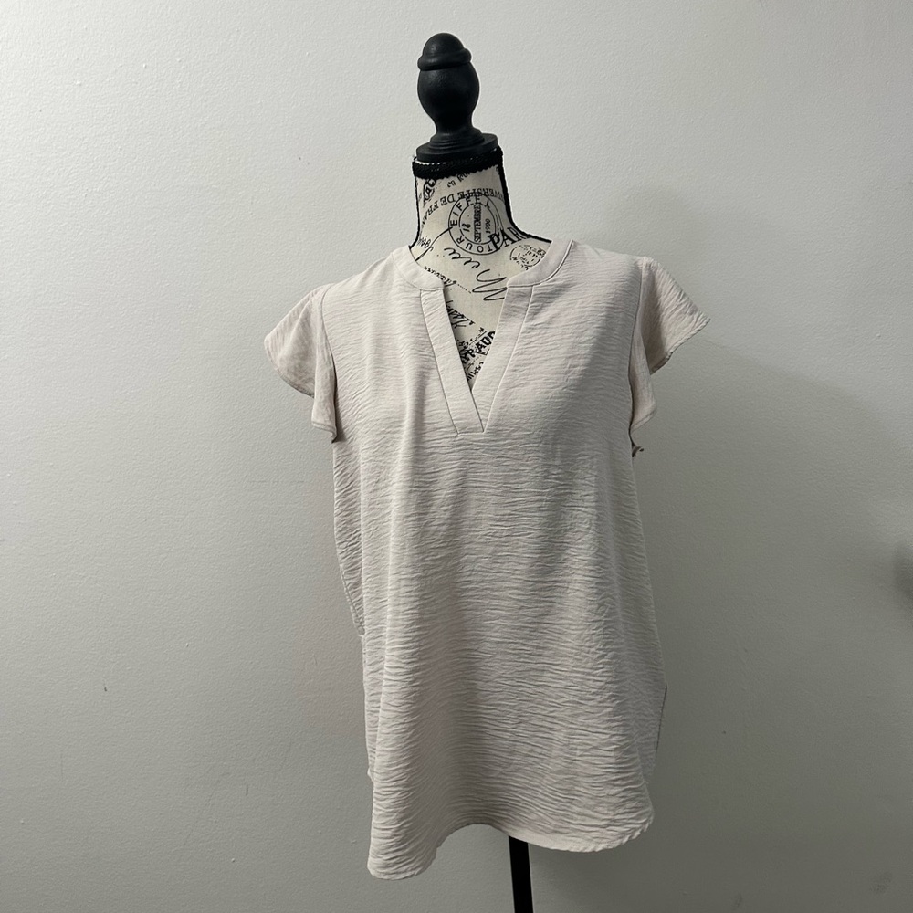 Adrianna Papell Beige Textured Flutter Sleeve Blouse